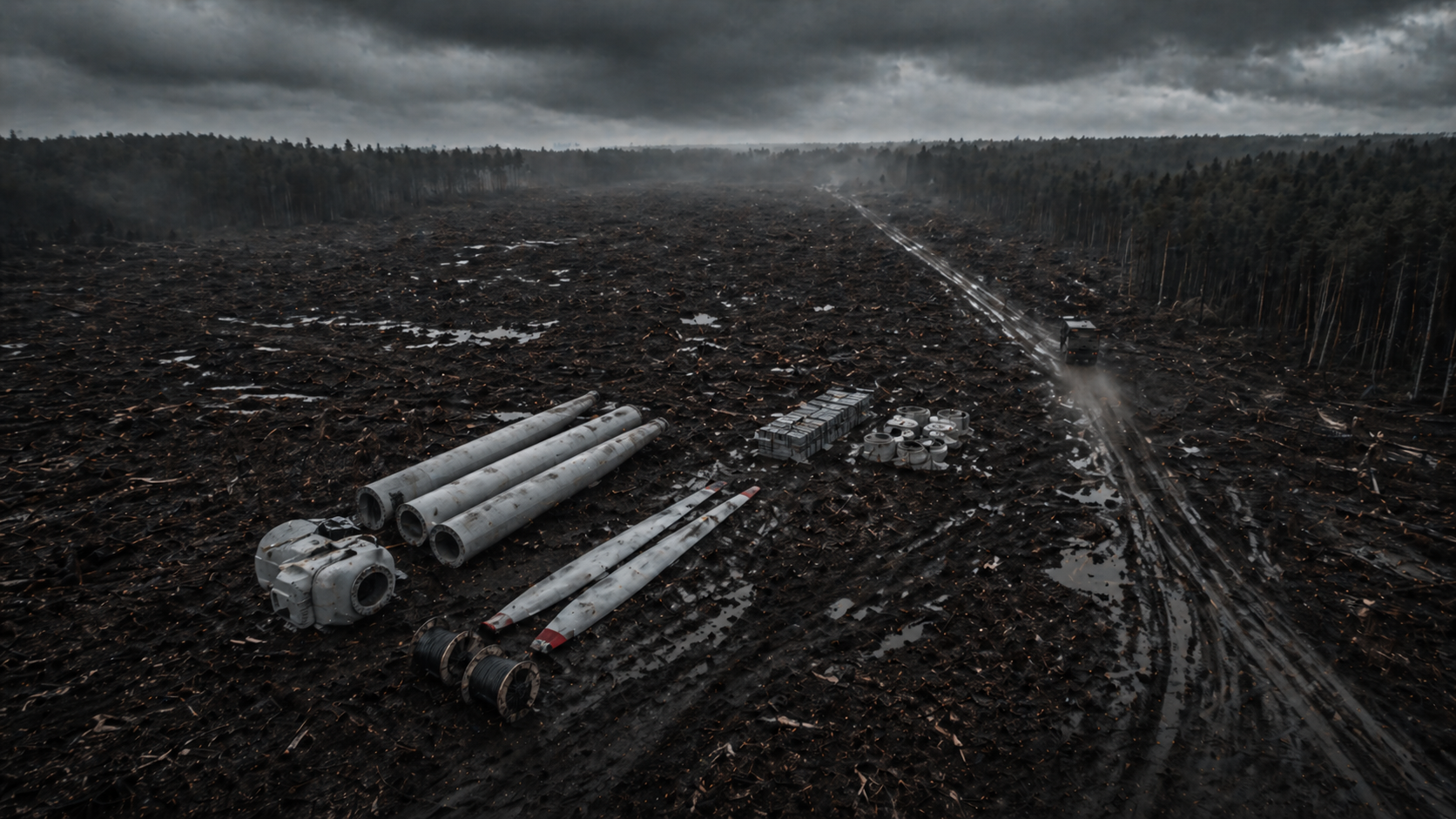 Windradflügel im gerodeten Wald